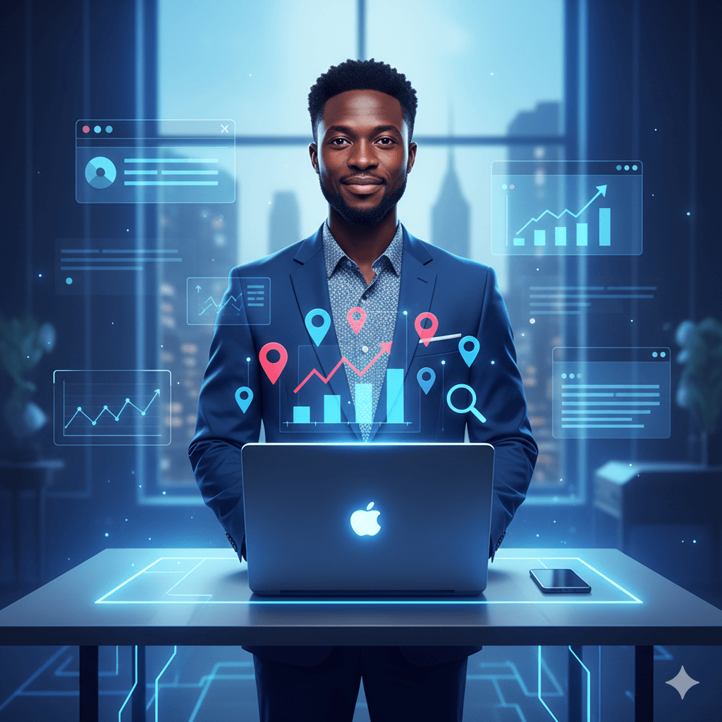 A confident small business owner standing in front of a laptop displaying upward-trending search result