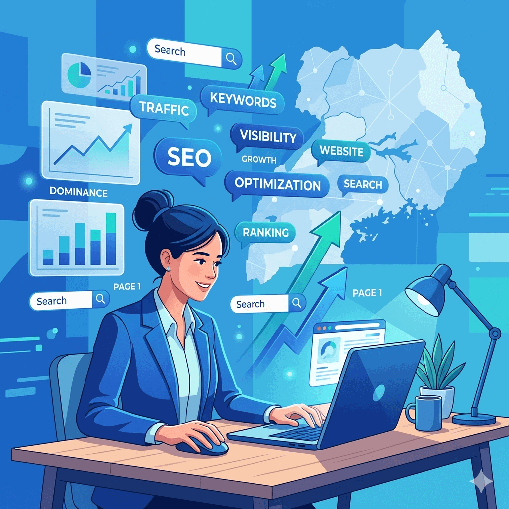 A digital marketer sitting at a desk working on a laptop, surrounded by floating SEO elements like graphs
