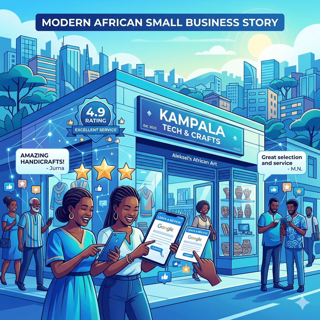 A modern Ugandan small business storefront with happy customers