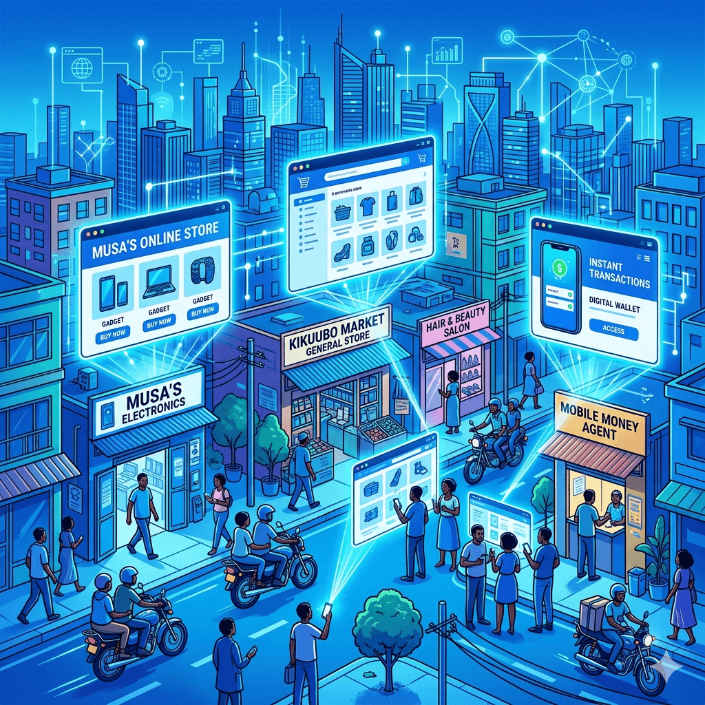 A Kampala-inspired business street scene where physical shops are transitioning into digital storefronts