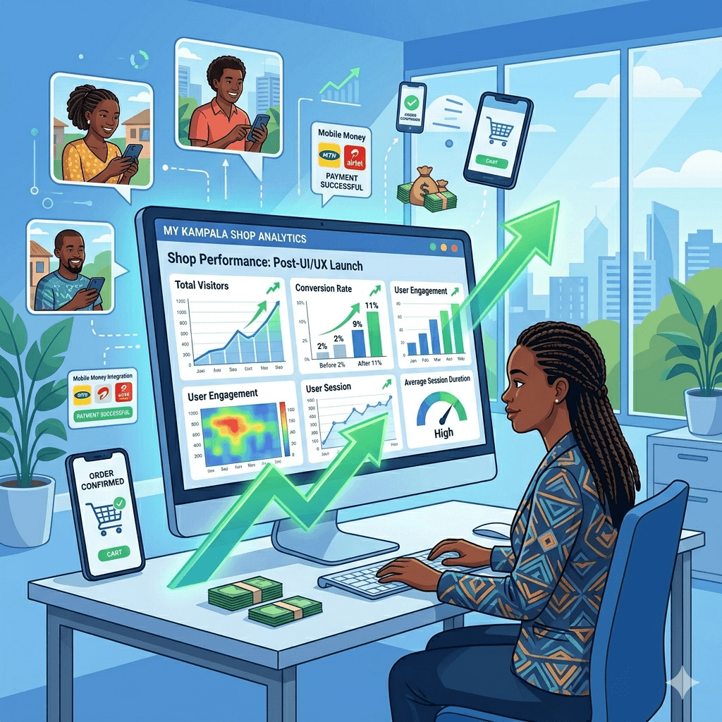 A Ugandan small business owner analyzing website analytics on a dashboard showing rising traffic