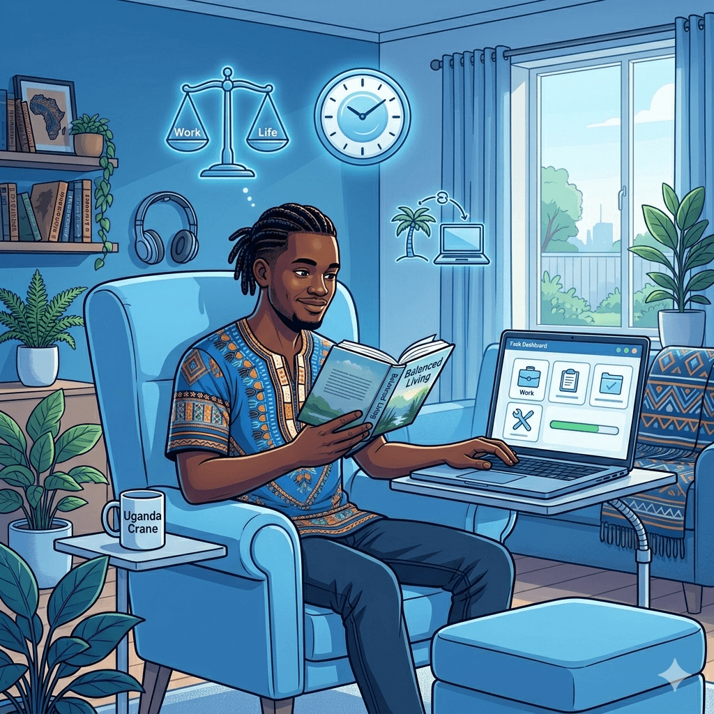 A balanced lifestyle illustration showing a person working on a laptop 