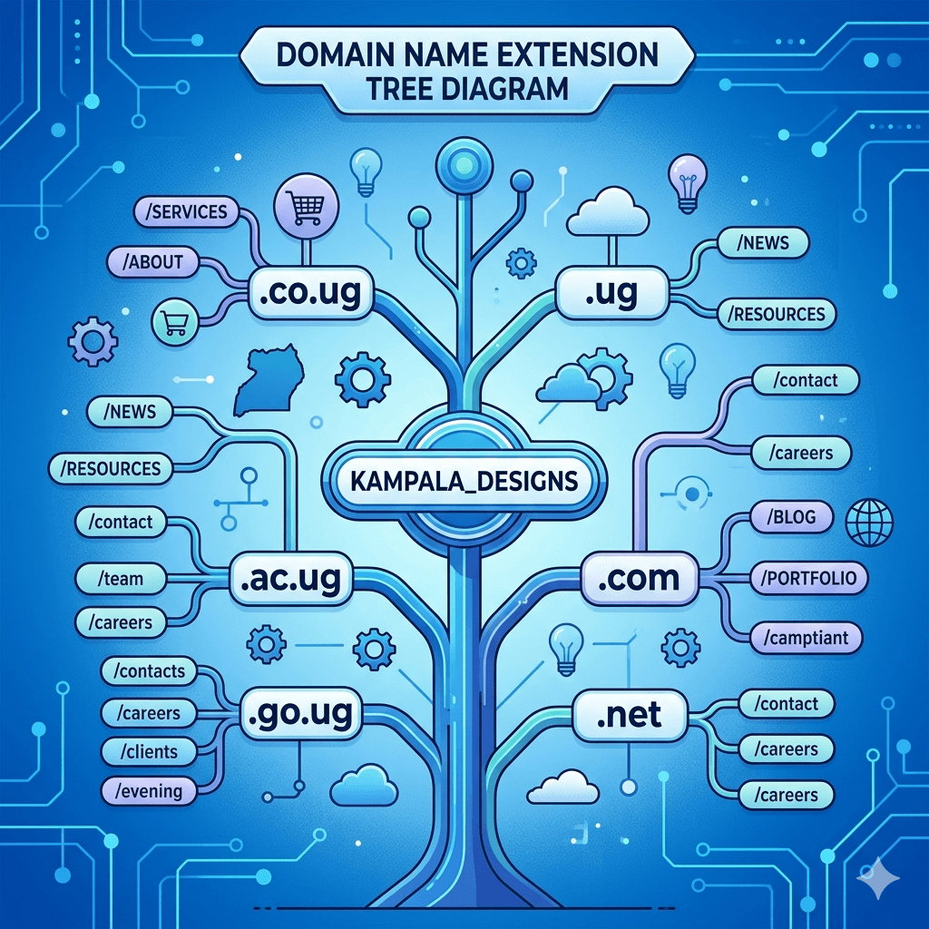 A branching tree diagram growing from a central domain name