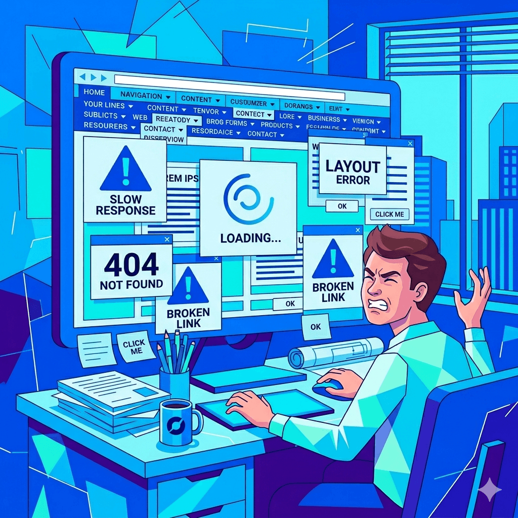 A broken website interface with warning signs slow loading spinner, cluttered navigation,