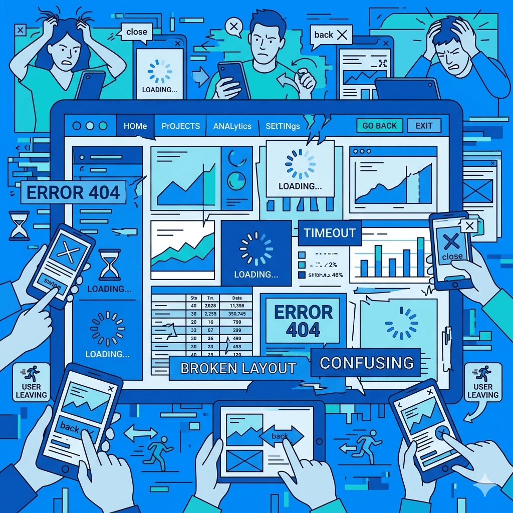 A chaotic website dashboard showing slow loading symbols, broken layouts, and confusing navigation elements