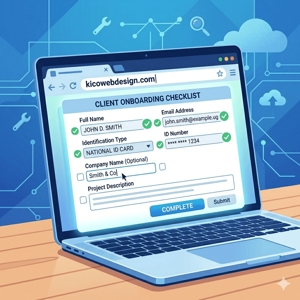 A checklist interface being completed on a laptop with fields like name, email, and identification