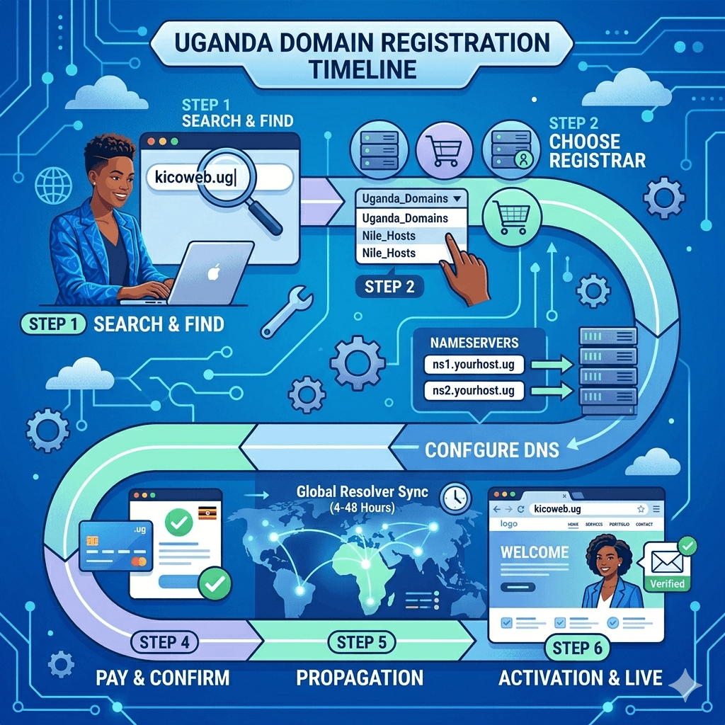 A clean step-by-step timeline showing the full domain registration process from search to activation
