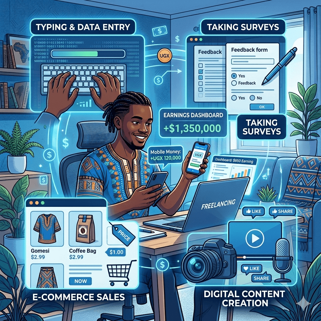 A collage-style illustration showing multiple online income methods like typing, surveys