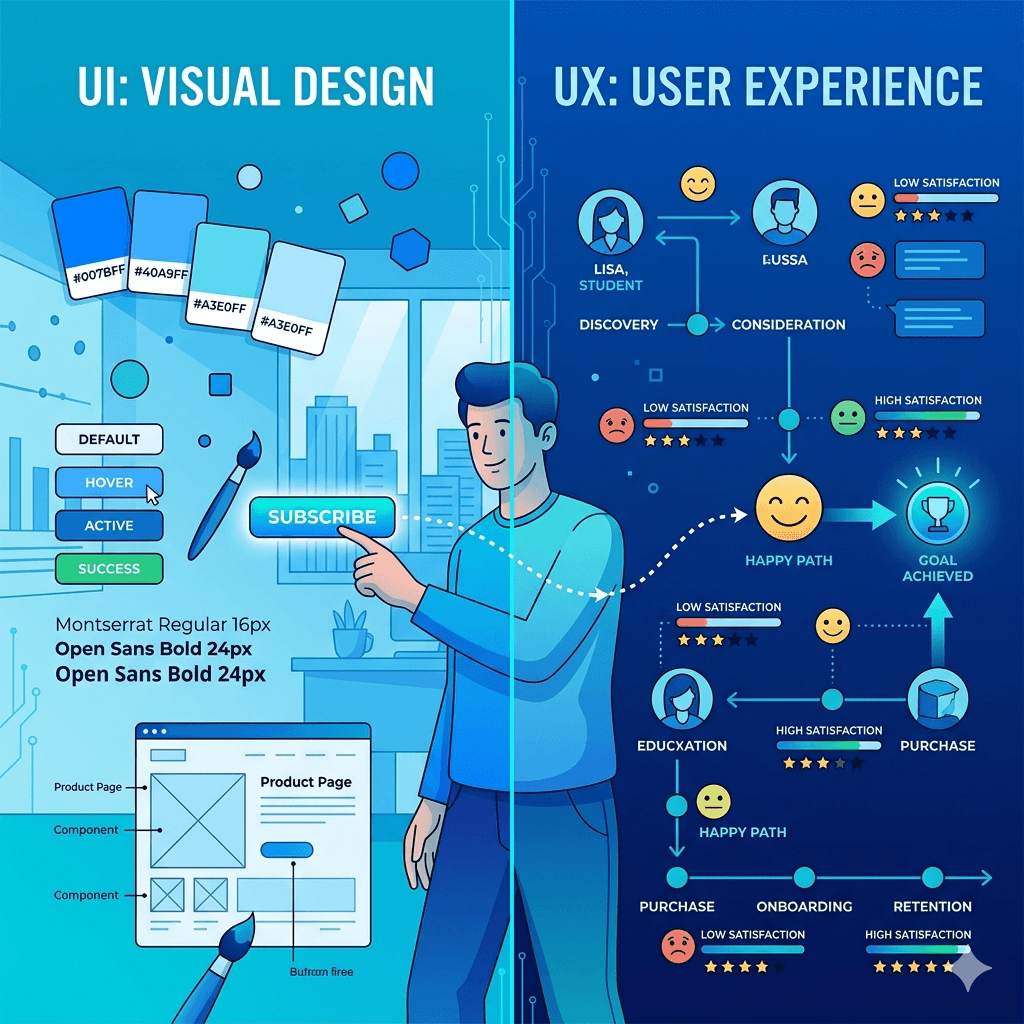 A comparison illustration split into two halves UI side shows visual elements like colors, buttons