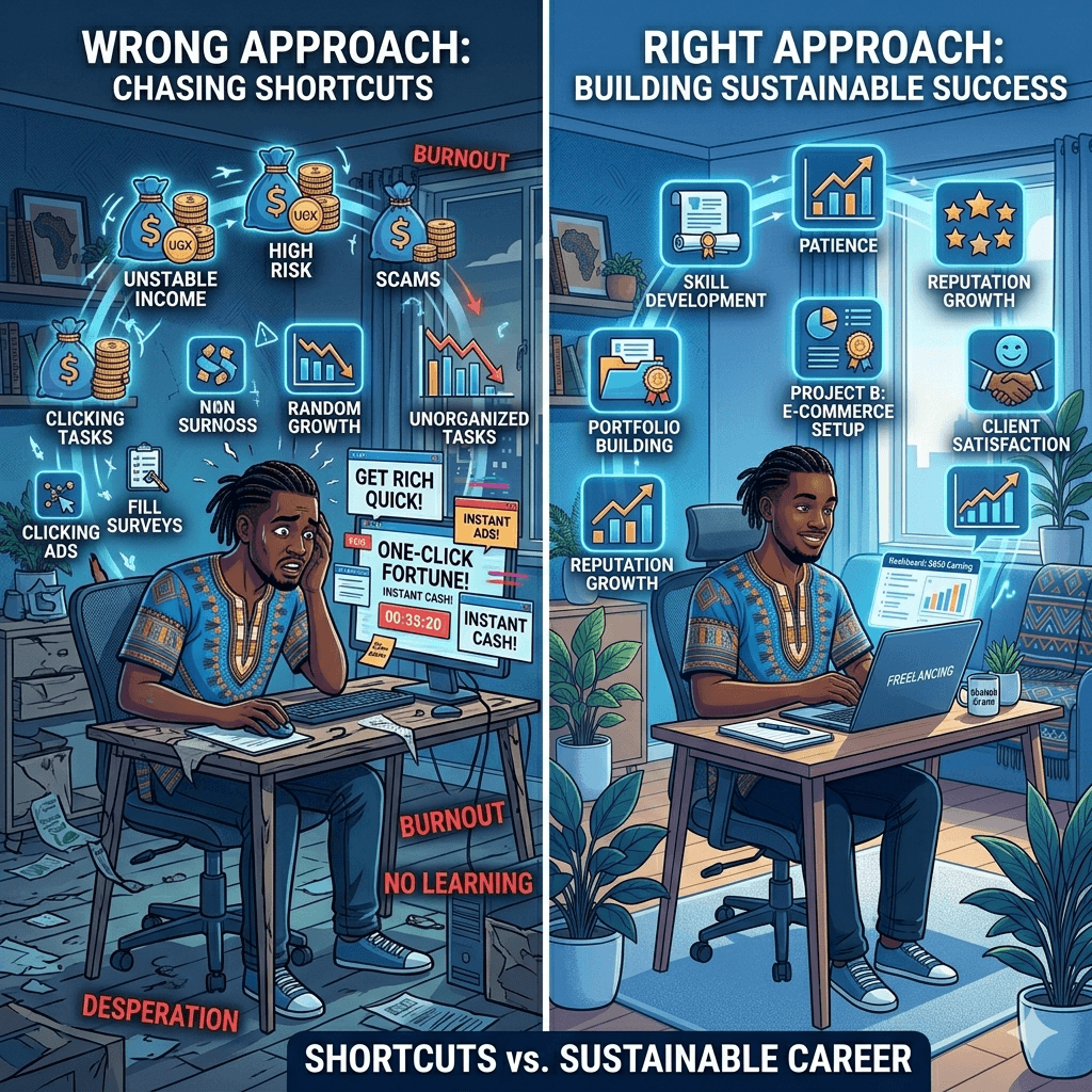 A comparison showing wrong vs right approaches, highlighting poor decisions like chasing quick money versus consistent effort