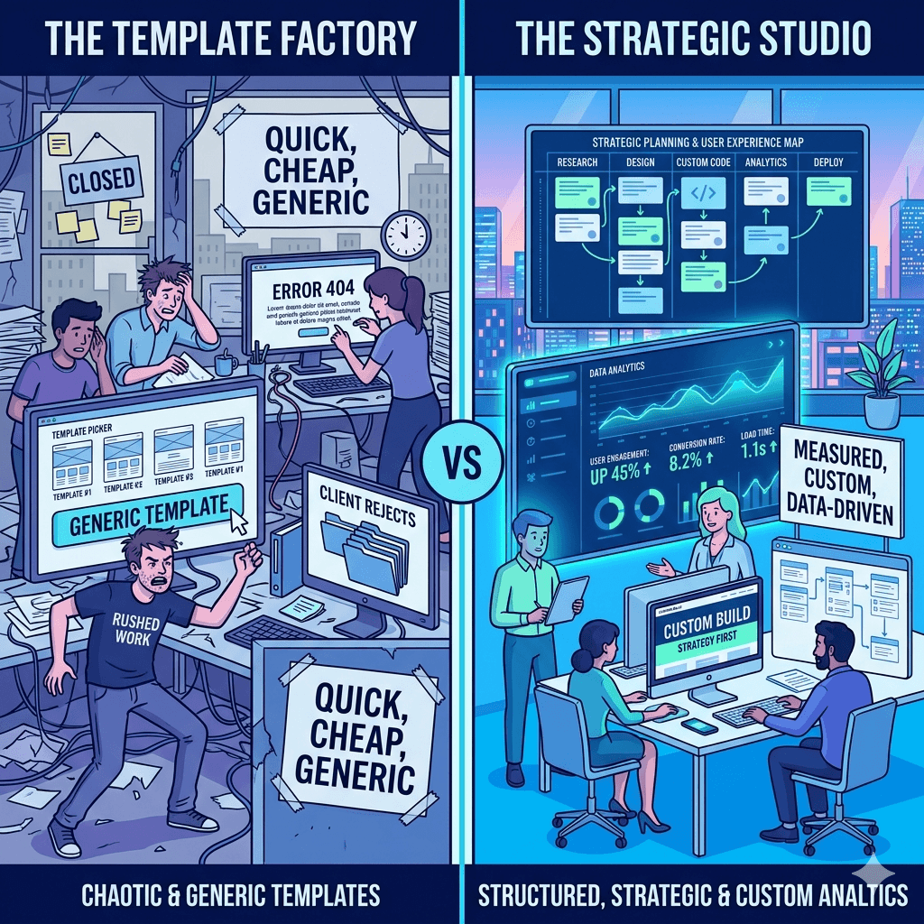 A comparison split screen showing two web agencies one chaotic with generic templates