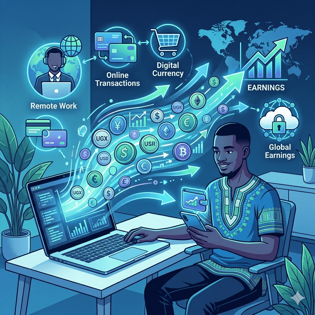 A conceptual illustration of digital income flow, showing money moving from a laptop screen into a mobile wallet
