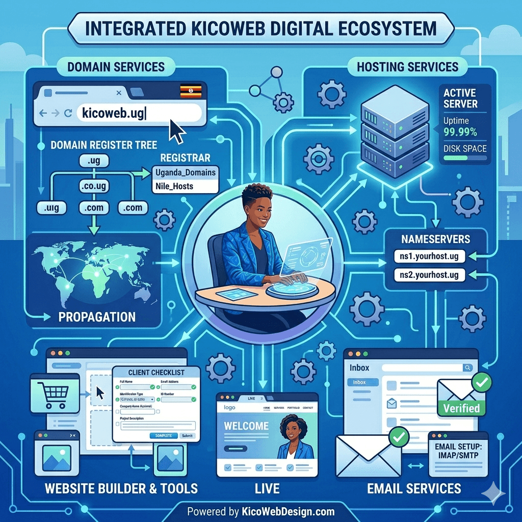 A connected ecosystem showing domain, hosting, email, and website tools working together