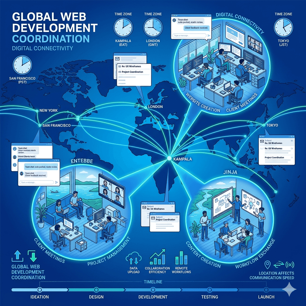 A detailed global connectivity map showing three Ugandan cities—Kampala, Entebbe