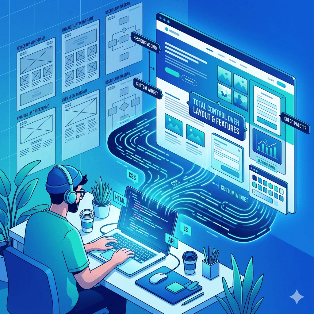 A developer working on a laptop with code flowing into a fully designed website interface