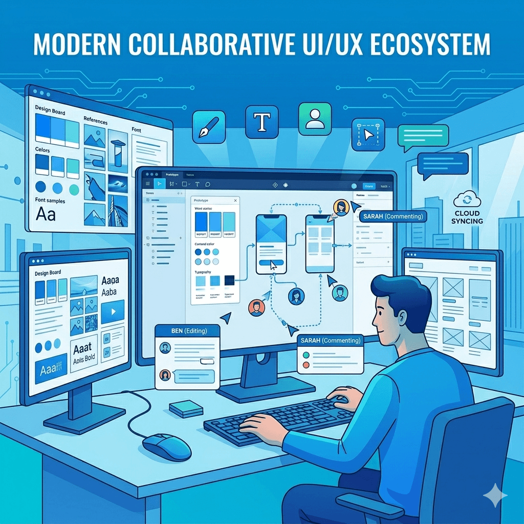 A digital workspace showcasing UIUX tools like design boards, wireframes, and prototypes being created on software interfaces