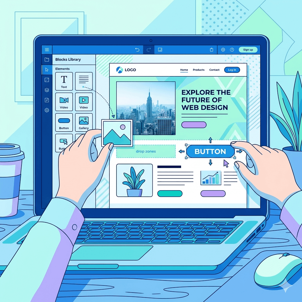 A drag-and-drop website builder interface displayed on a laptop screen
