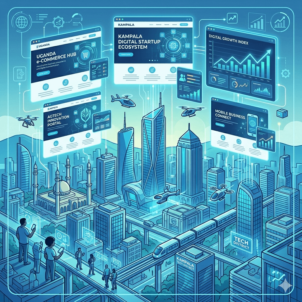 A futuristic cityscape of Kampala with glowing digital websites floating above buildings, representing the rise of online business ecosystems and digital transformation