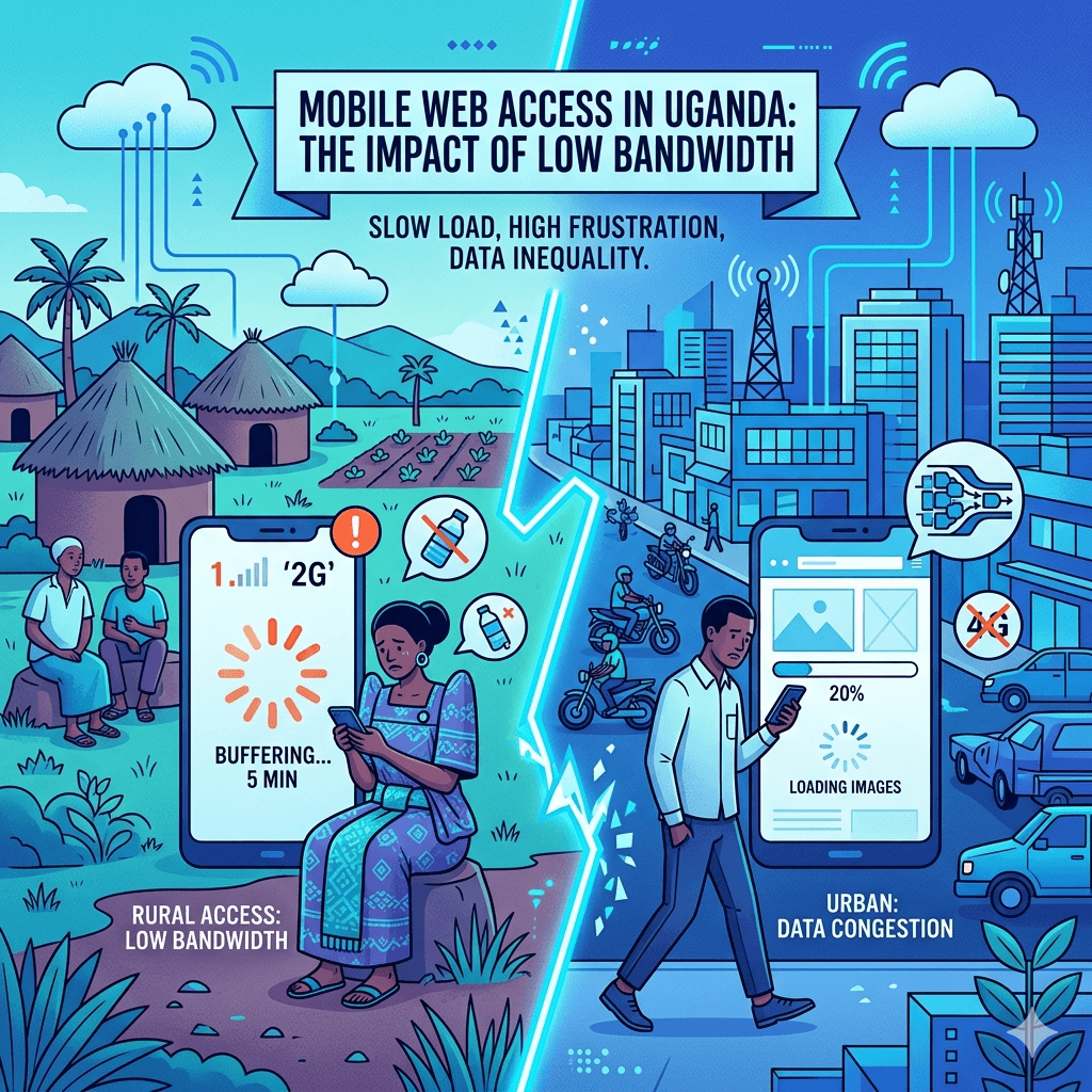 A group of mobile users in urban and rural Uganda accessing websites on smartphones