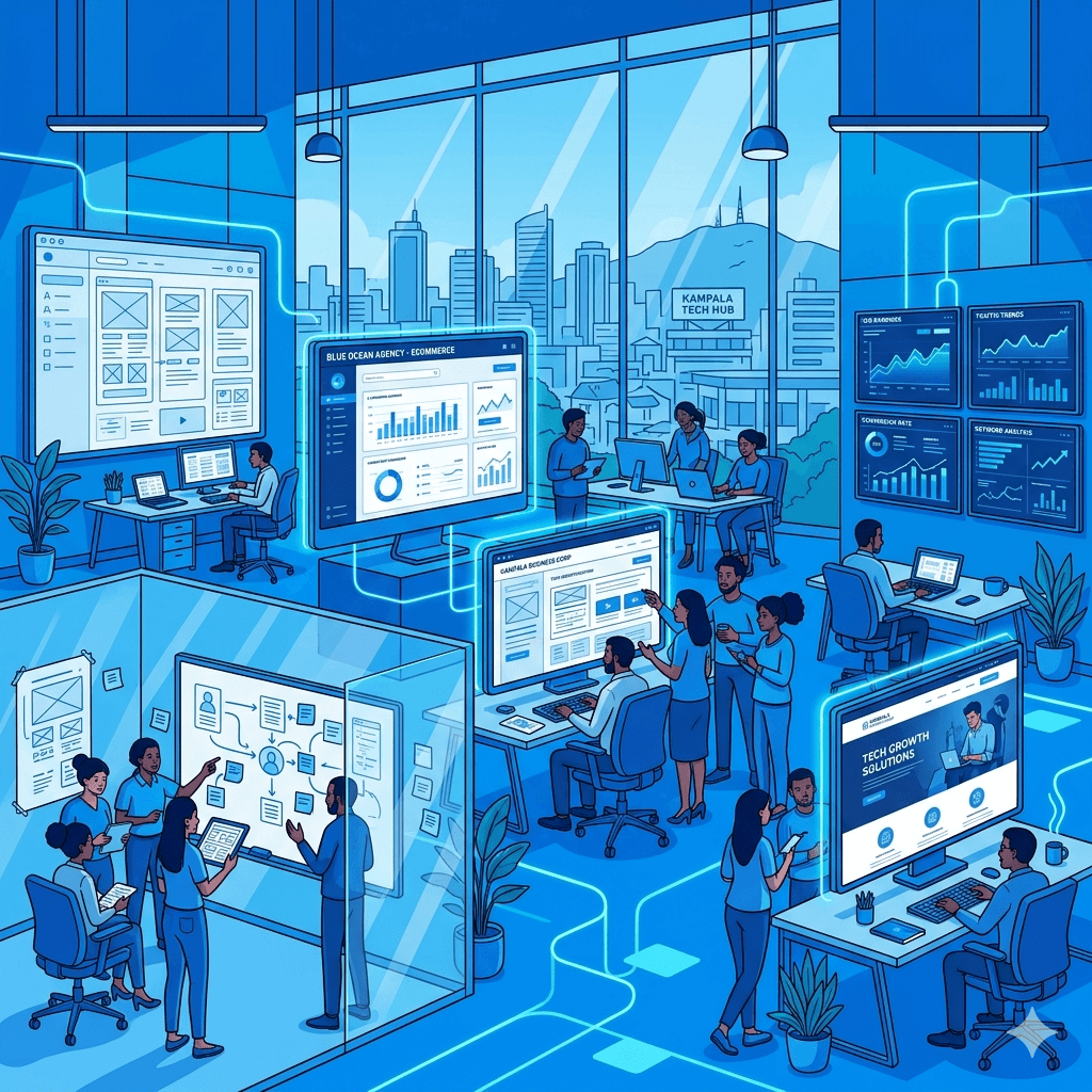 A highly detailed modern tech agency environment in Kampala showing a busy open-plan office