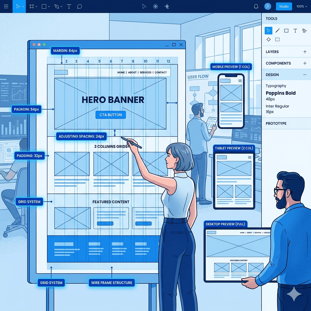 A highly structured UI design workspace showing a modern website layout being built with grids