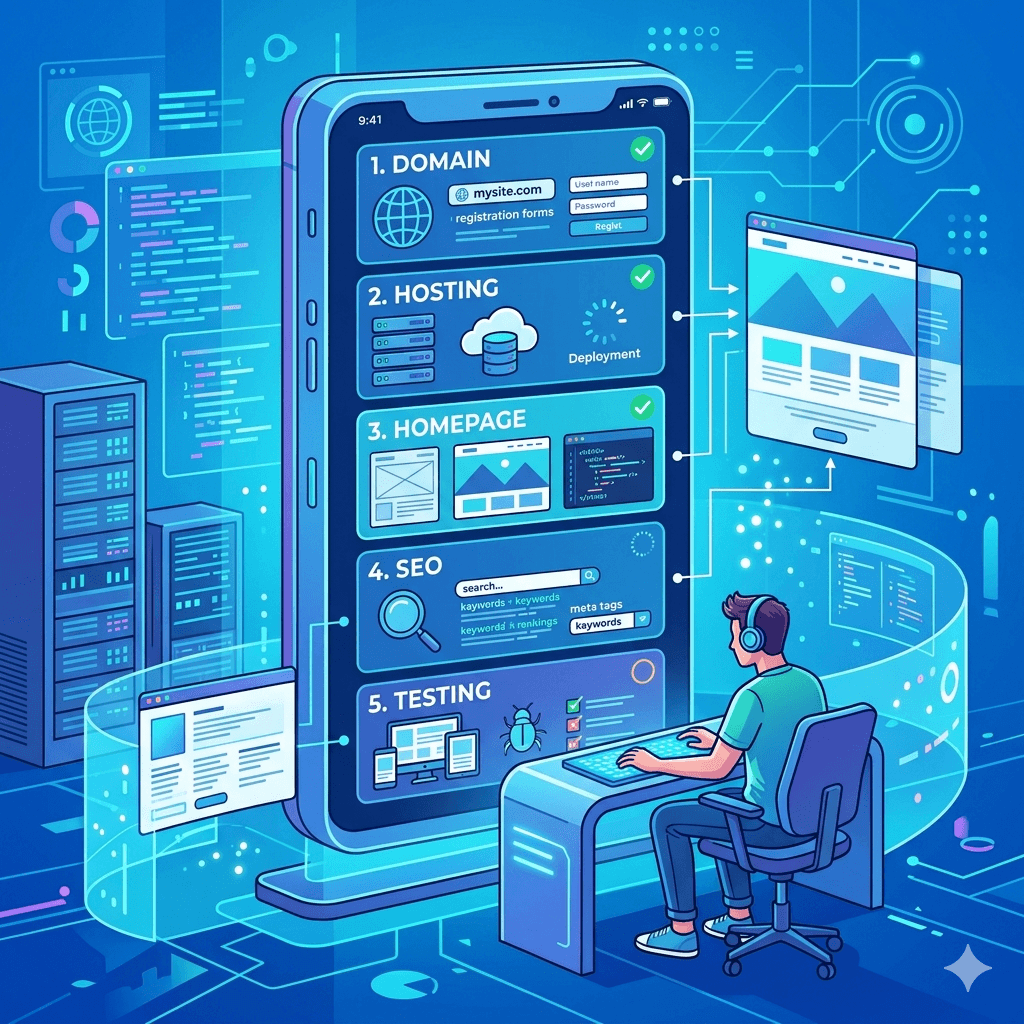 A large vertical digital checklist UI displayed on a futuristic screen, with each step visually represented