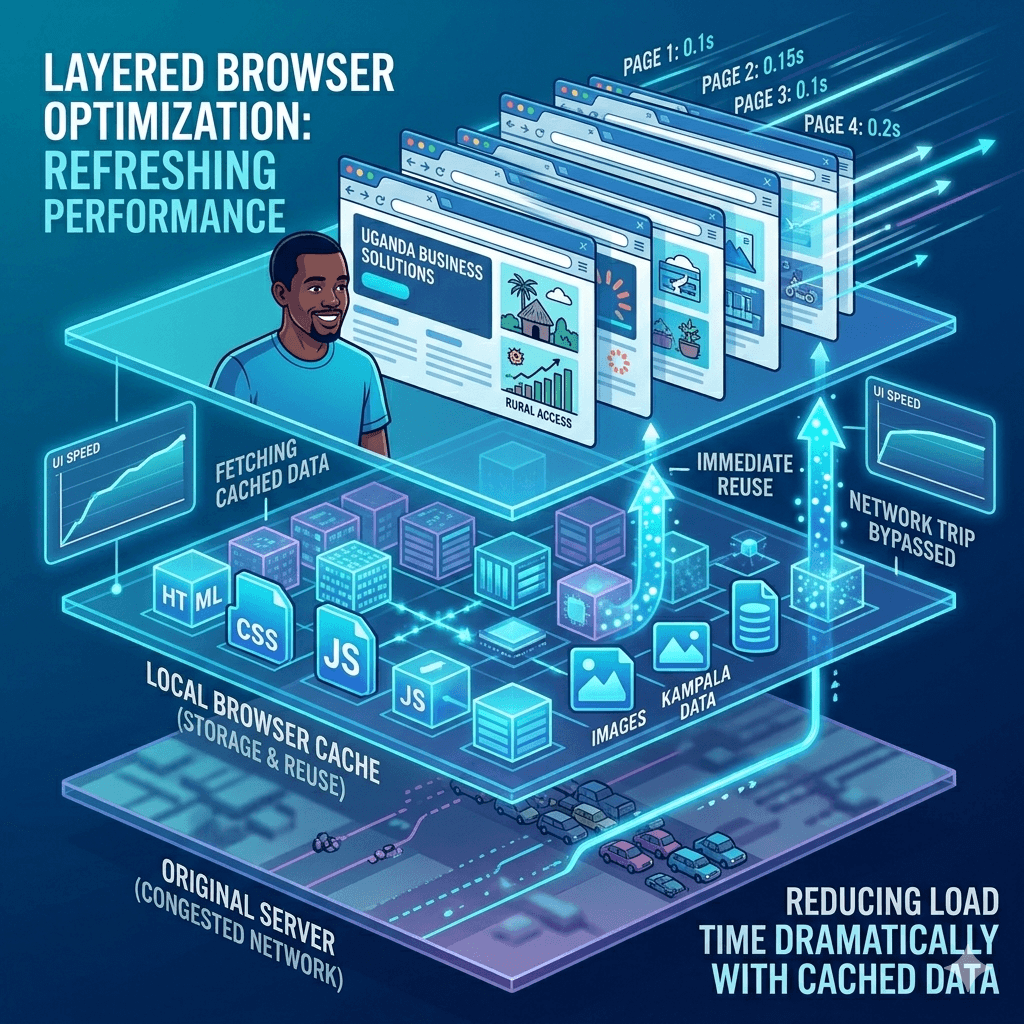 A layered browser system showing cached data being stored and reused