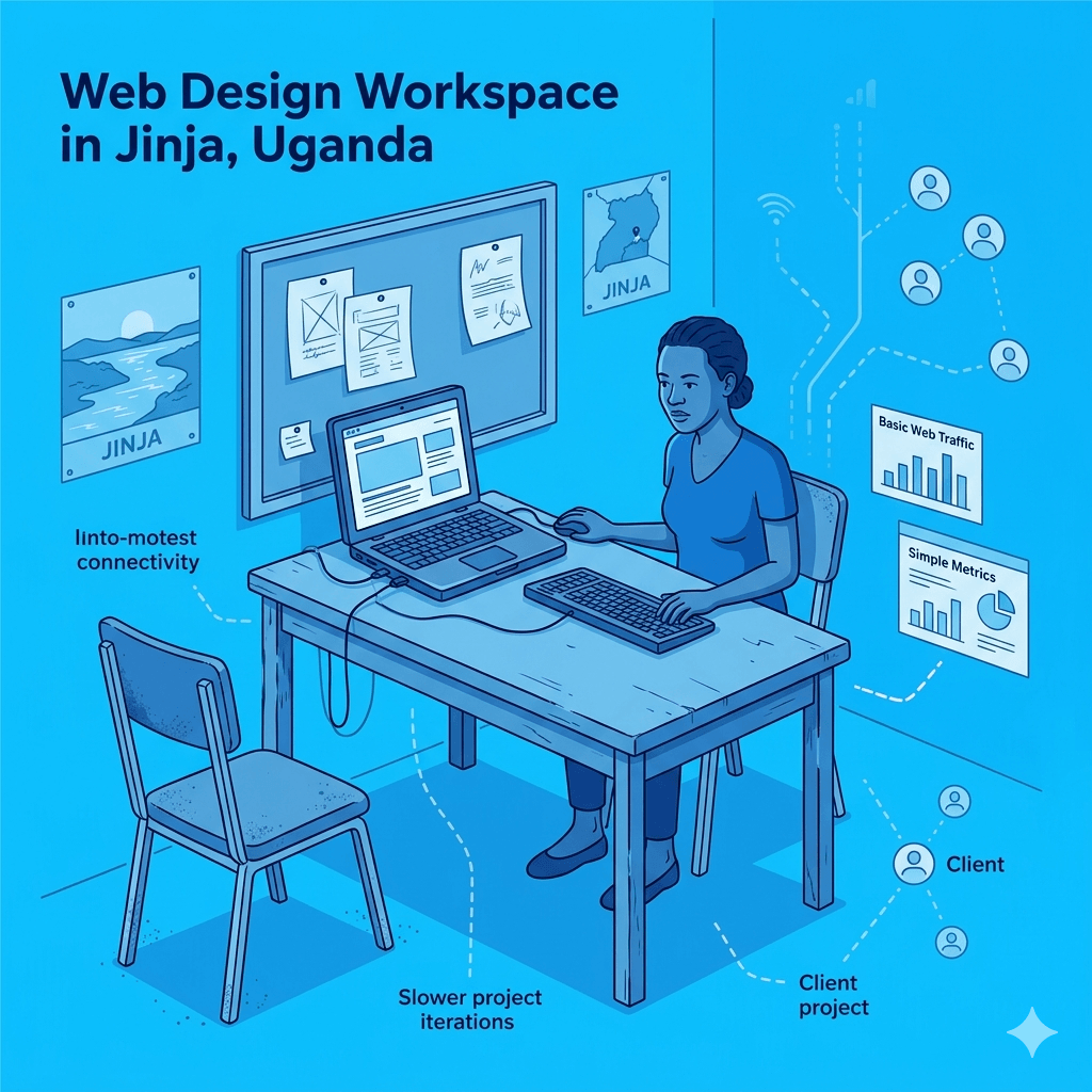A modest web design workspace in Jinja showing a lone designer working in a simplified setup with limited digital tools