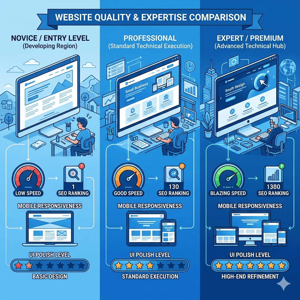 A multi-panel comparison showing three websites of varying quality levels