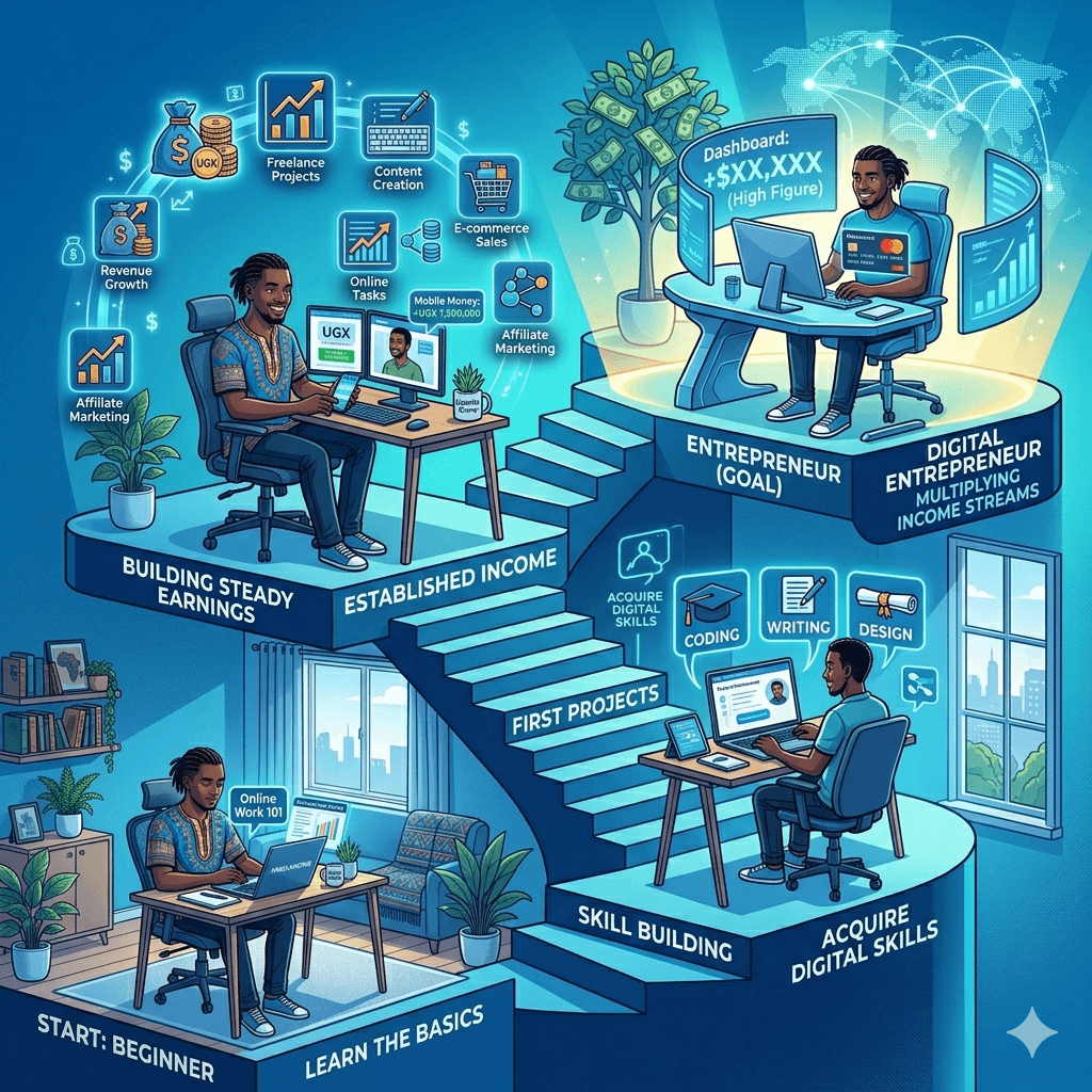 A person progressing through stages from beginner to earning online