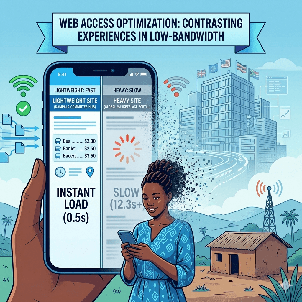 A smartphone user in a low-bandwidth environment accessing a lightweight website that loads instantly,