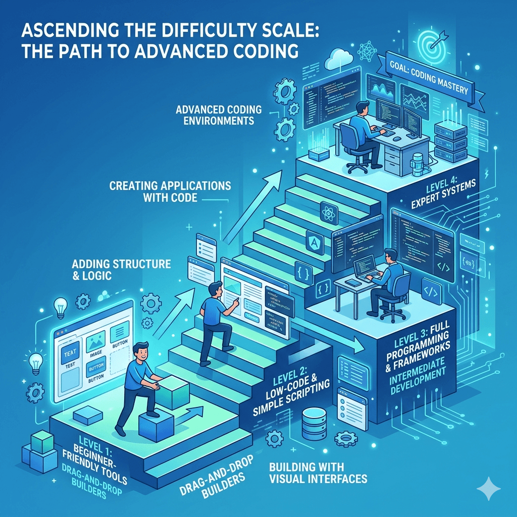 A staircase illustration showing increasing difficulty levels from beginner-friendly tools to advanced coding environments