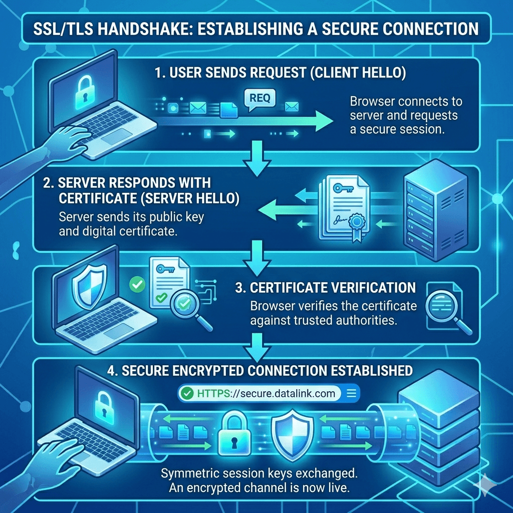 A step-by-step visual flow showing a user sending a request, the server responding with a certificate