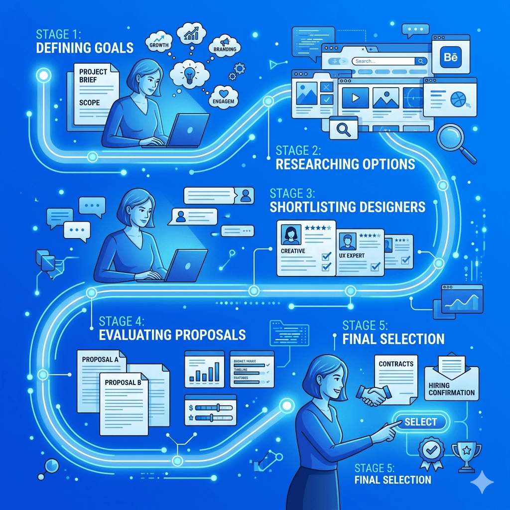 A step-by-step visual workflow showing a business owner moving through stages of decision-making