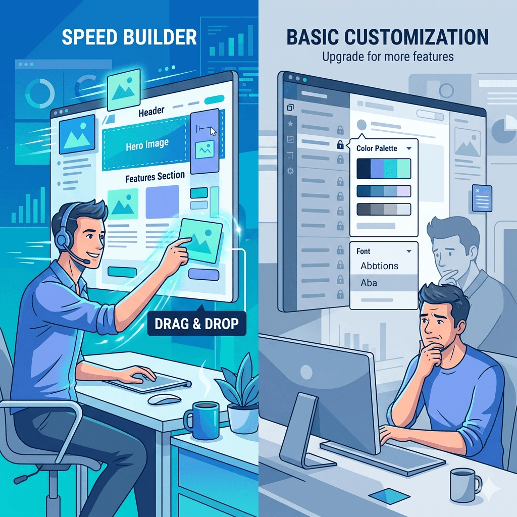 A user quickly building a website on one side while another panel shows limited customization options