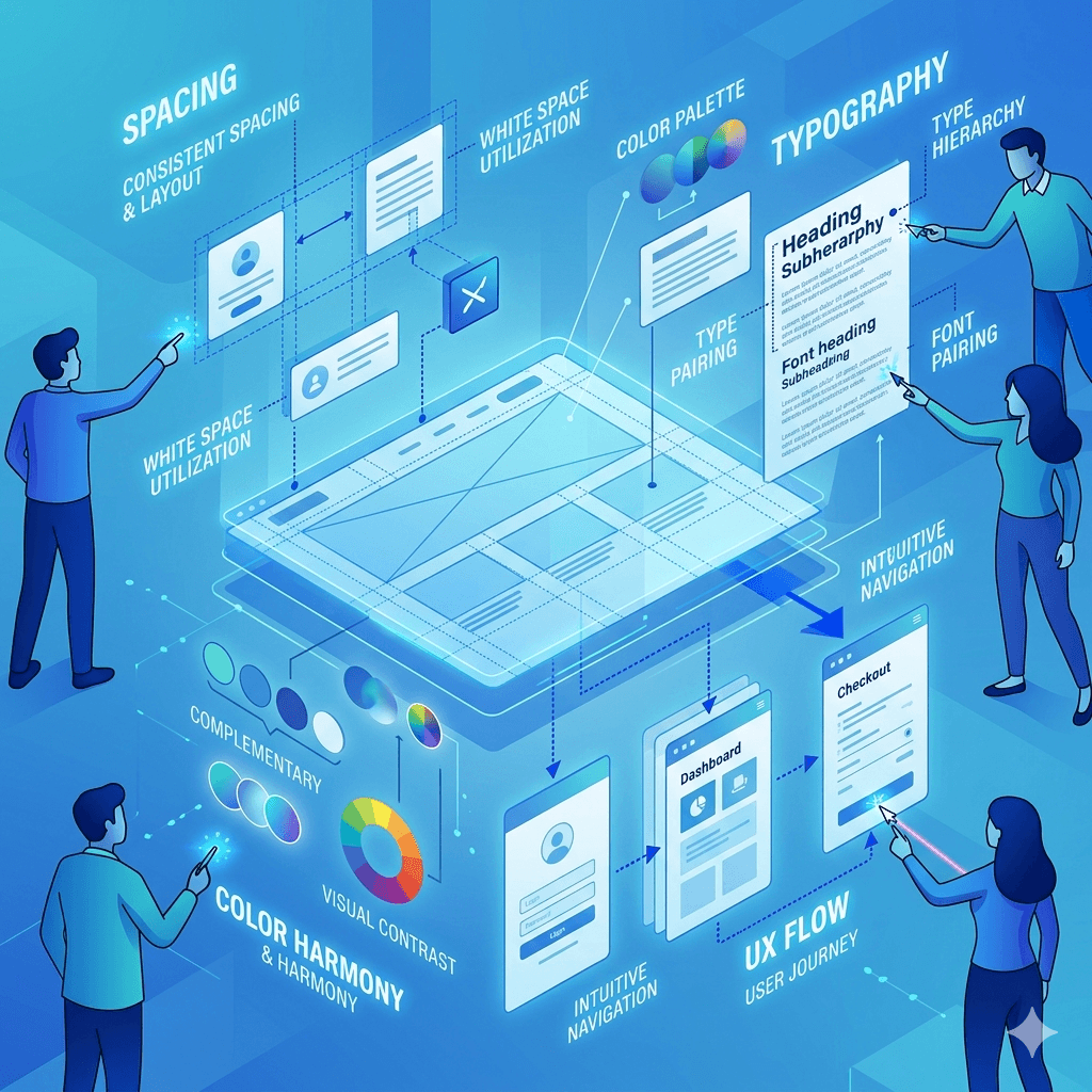 A visual breakdown of best design practices such as spacing, typography, color harmony