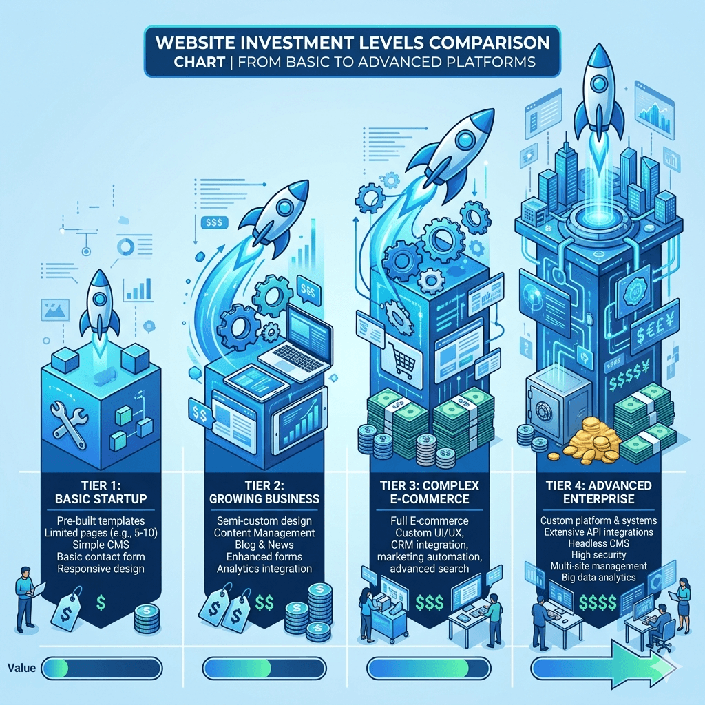 A visual comparison chart showing different website investment levels