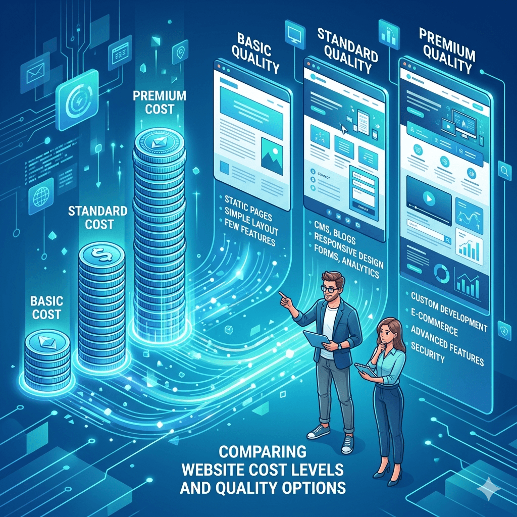 A visual comparison of website cost levels represented as stacked digital coins 