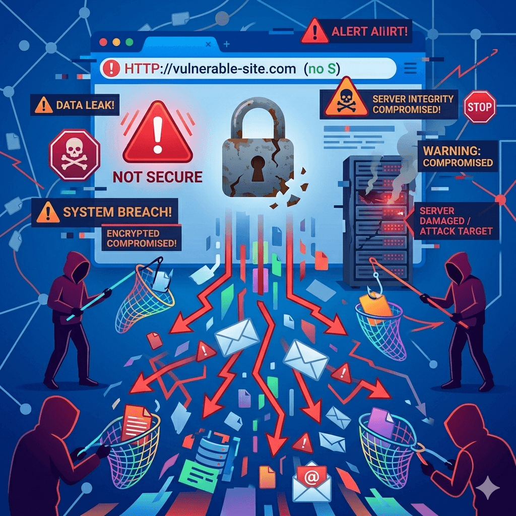 An insecure website under attack, with hackers intercepting exposed data streams between a user and server