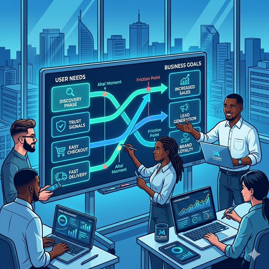A strategic planning session showing UX designers mapping user journeys on a large digital board