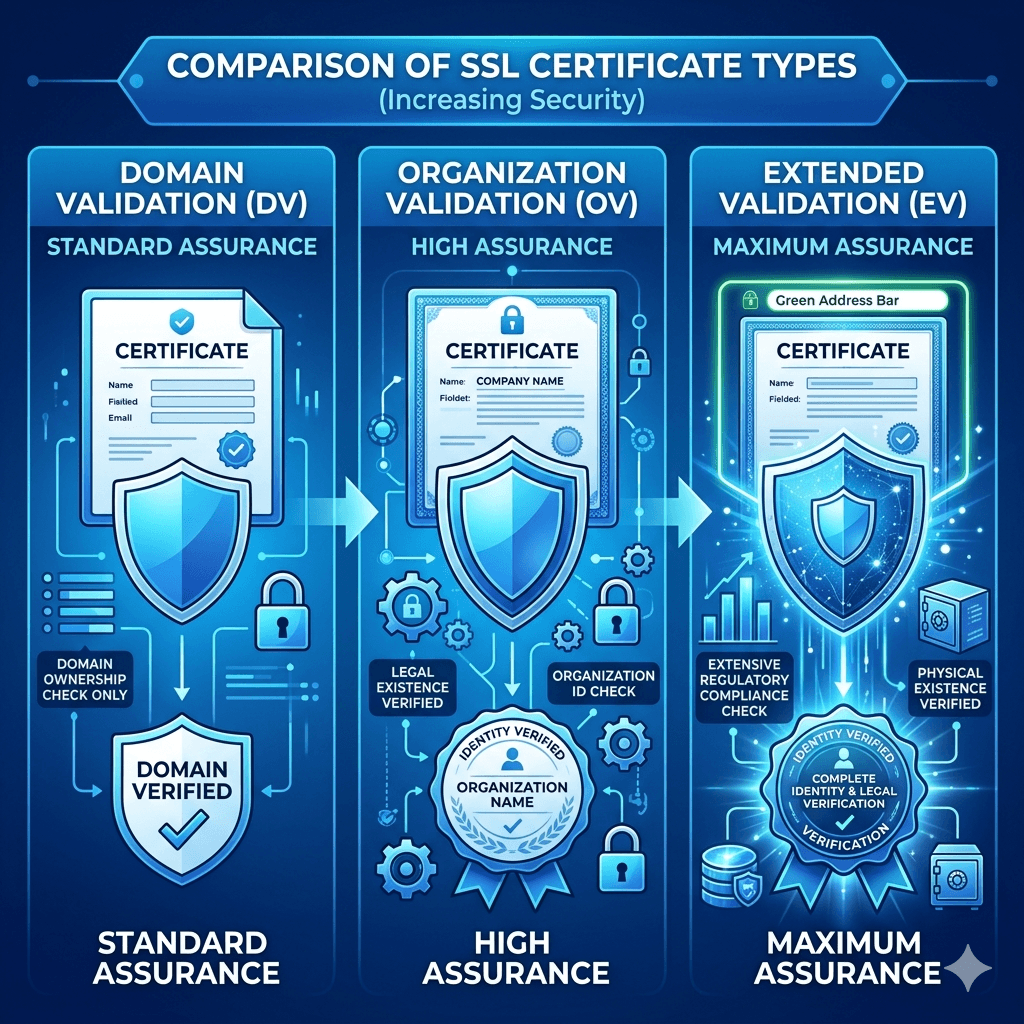 Three SSL certificate types displayed side by side with increasing levels of security