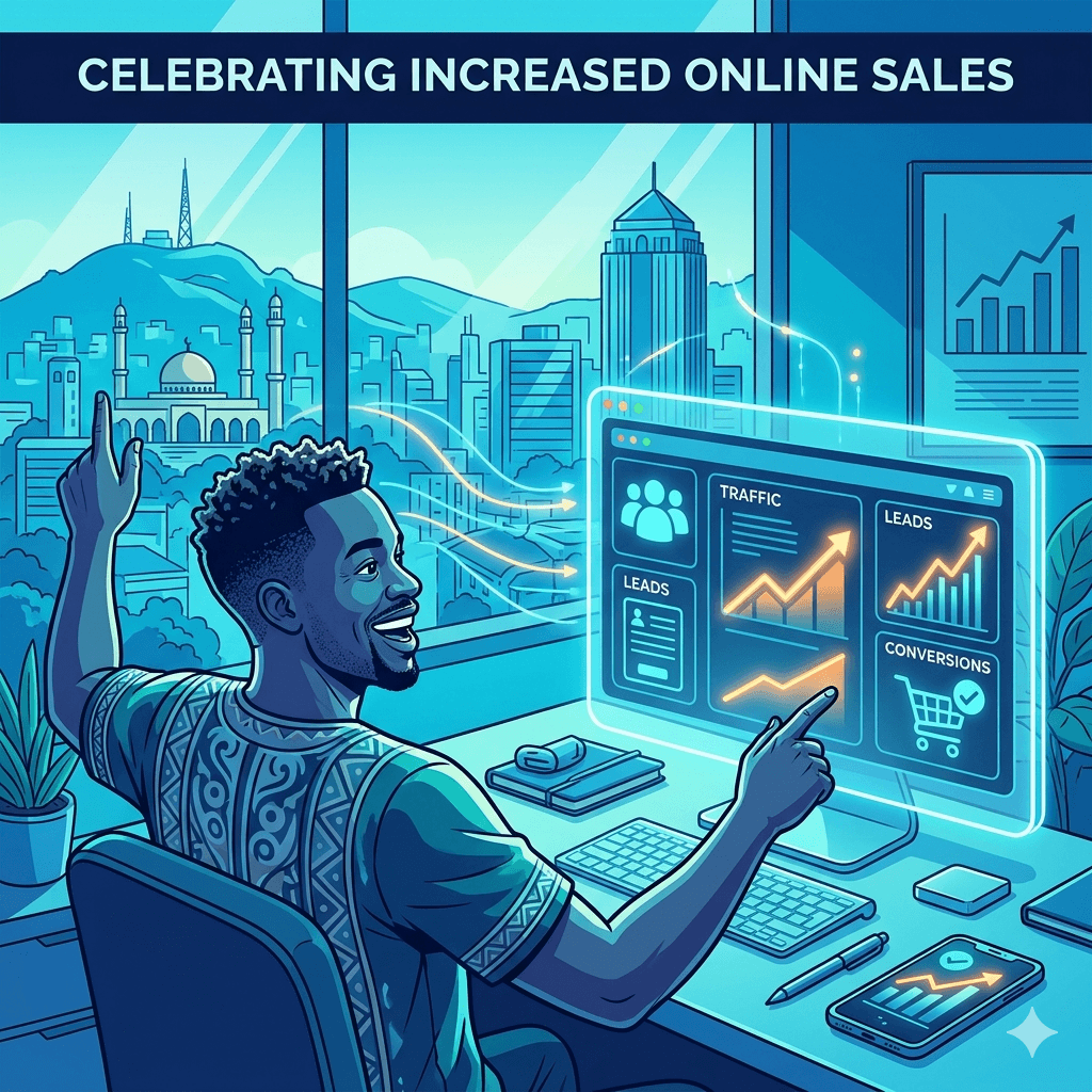 Ugandan business owner celebrating increased online sales as a website dashboard shows rising traffic, leads, and conversions represented by upward glowing graphs and icons
