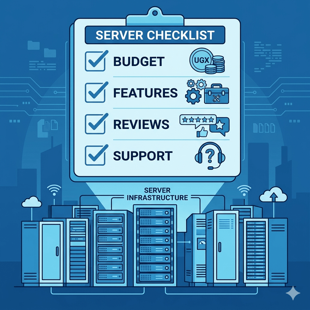 Vector illustration showing a checklist floating above servers, including budget, features