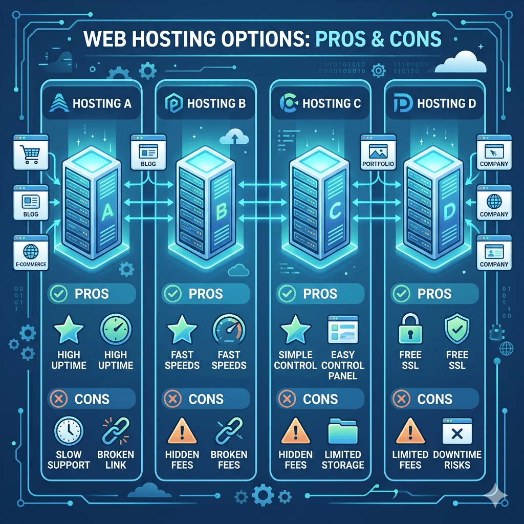 Vector illustration showing multiple web hosting providers represented as glowing servers