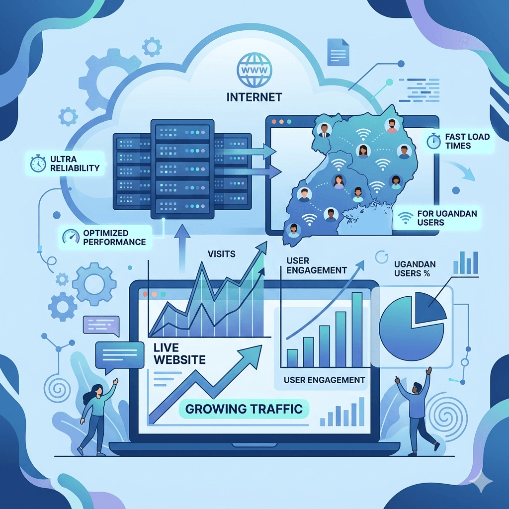 Vector scene of a website growing traffic, with charts, graphs