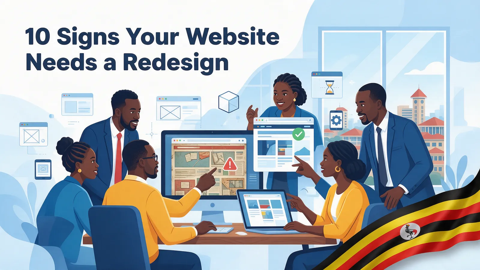 Ugandan web design team comparing an outdated website against a modern redesigned website on screen