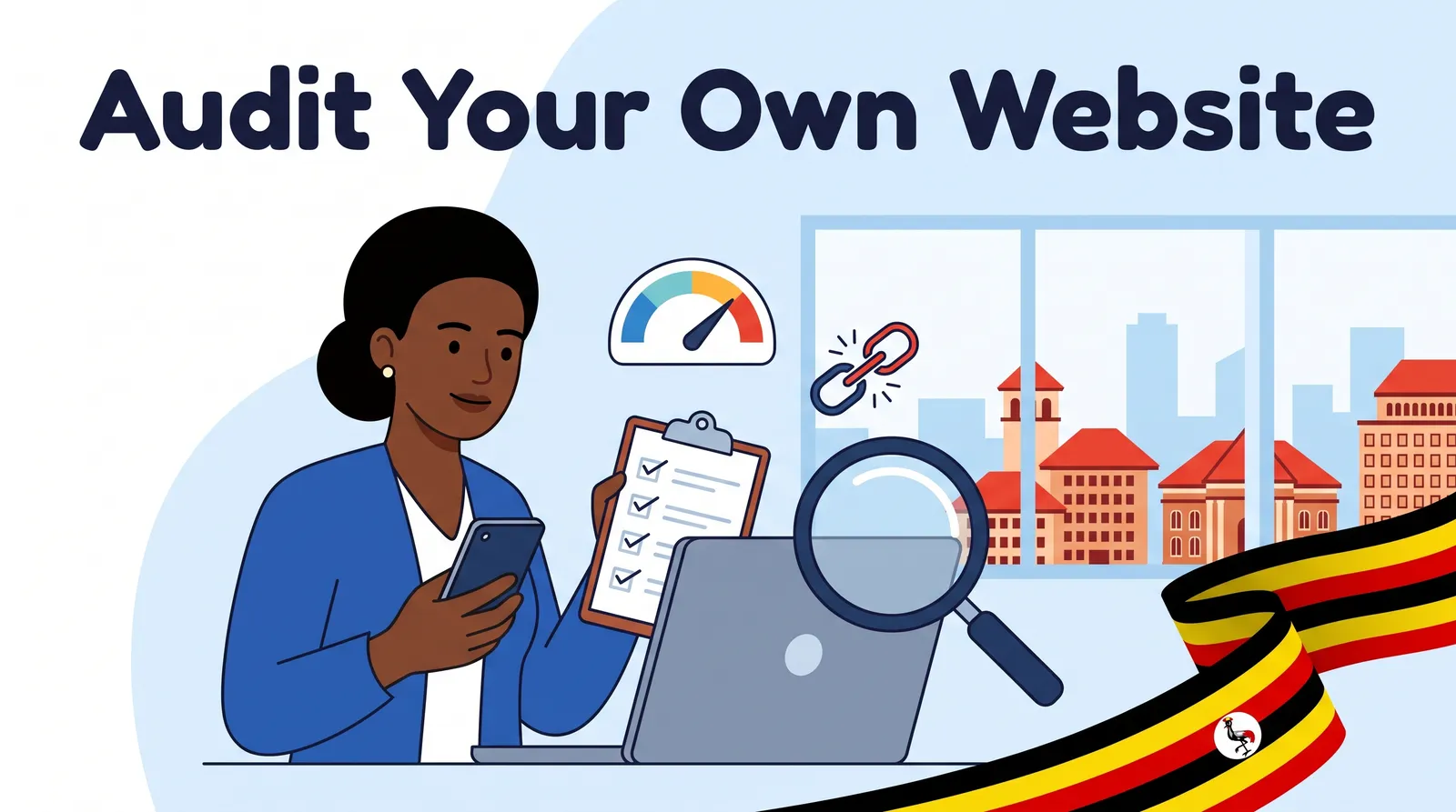 Ugandan business owner auditing her own website on a phone and laptop with a checklist