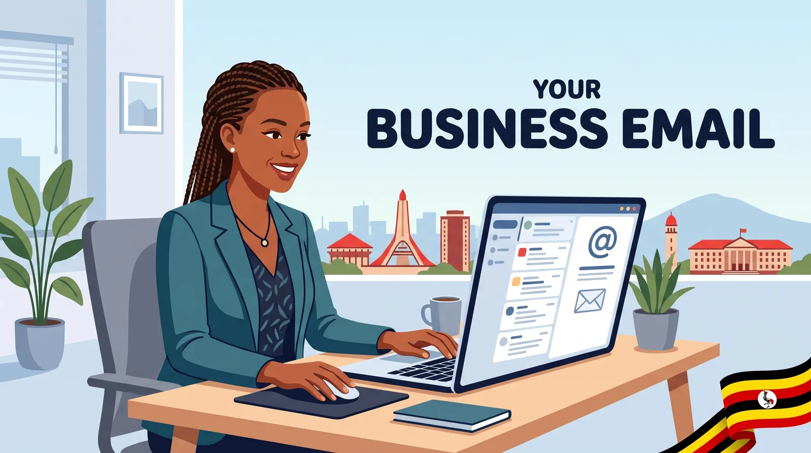Ugandan businesswoman managing her professional business email inbox on a laptop