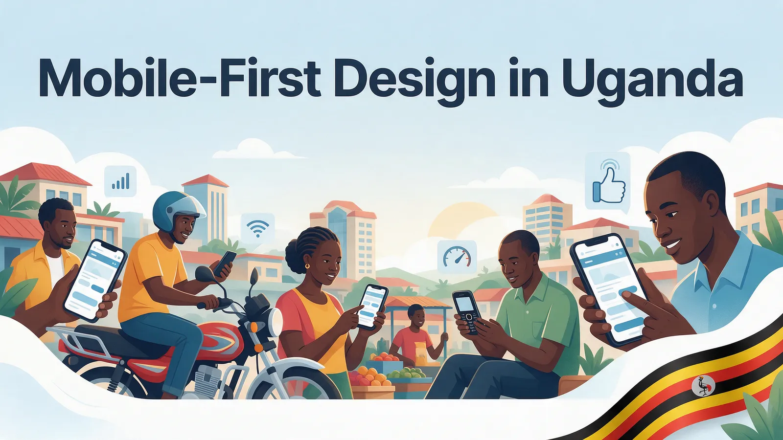 Ugandans using smartphones and a feature phone in everyday settings including a boda-boda rider and market vendor, illustrating mobile-first web design in Uganda