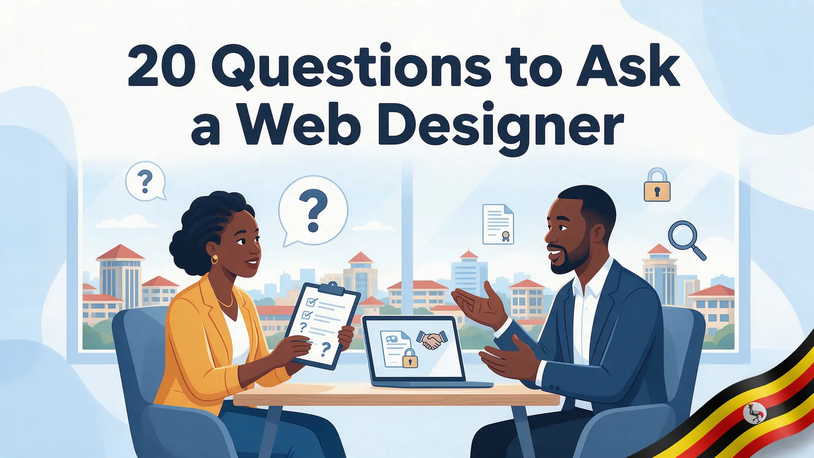 A Ugandan business owner asking a web designer questions with a checklist, contract, and padlock icons representing due diligence before hiring